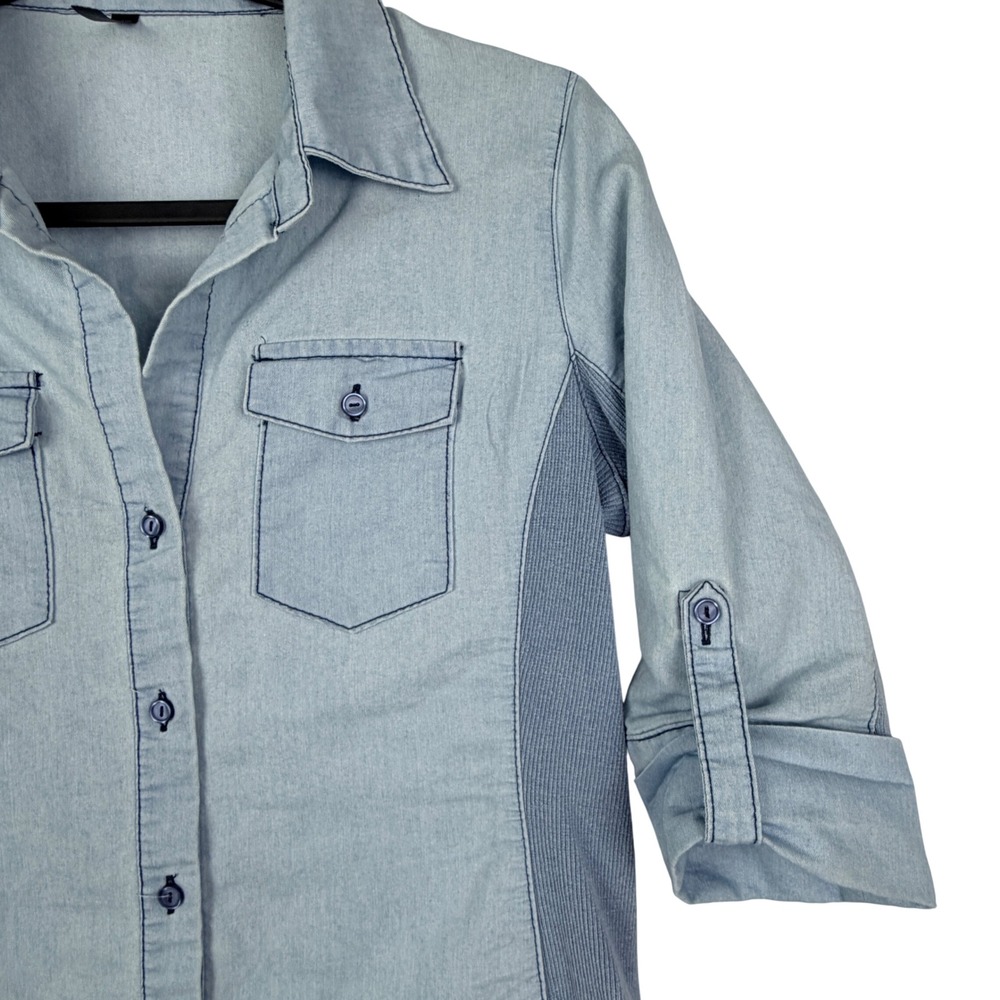 Lapis Women Medium Light Wash Blue Chambray Roll Tab Sleeve Button Shirt Western - Picture 5 of 9